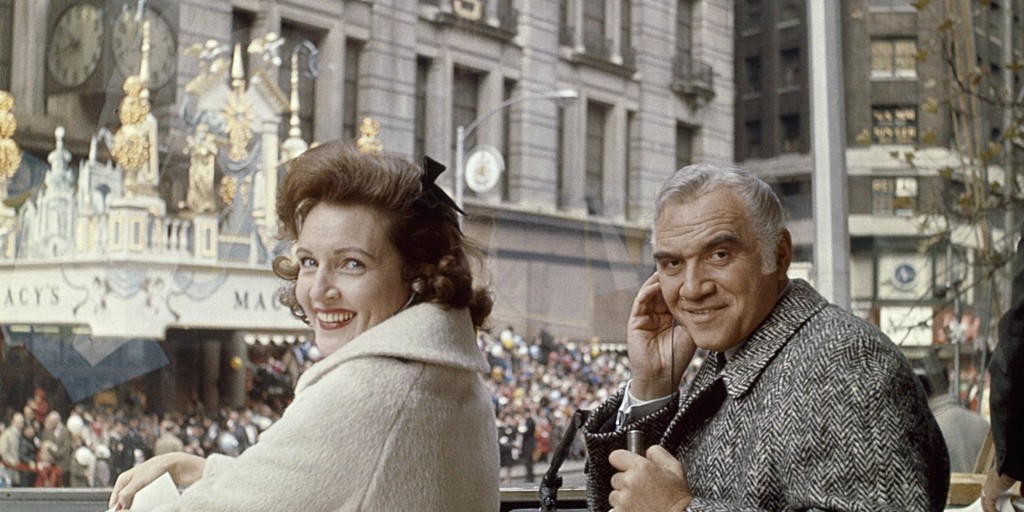 MACY'S THANKSGIVING DAY PARADE -- Pictured: (l-r) Hosts Betty White and Lorne Greene during 1965 Macy's Thanksgiving Day Parade -- Photo by: NBCU Photo Bank