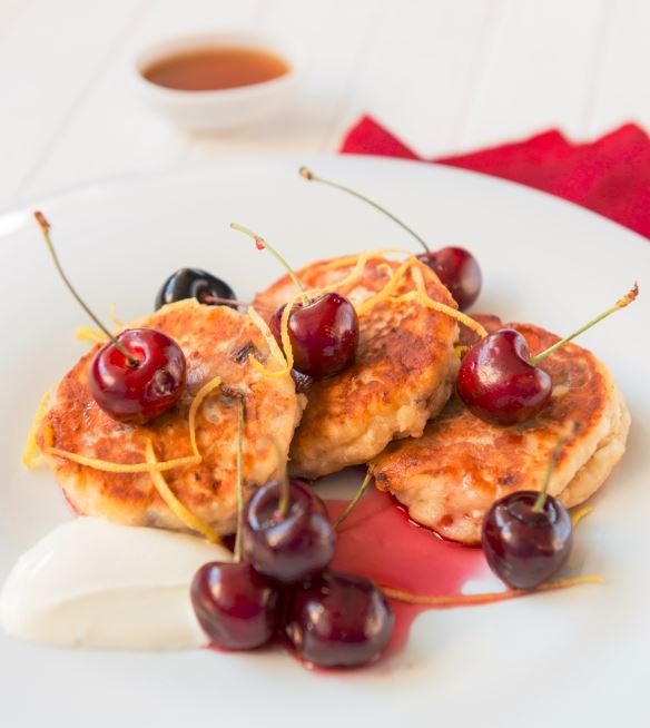Cream cheese fritters and English summer maple cherries