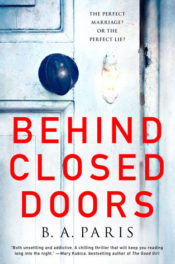 book cover showing white door and black round doorknob with title Behind Closed Doors