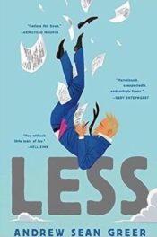 cover of book "Less" showing man falling, surrounded by papers