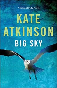 The cover of Kate Atkinson's Big Sky. A painting of a seagull in flight across a blue green sky.