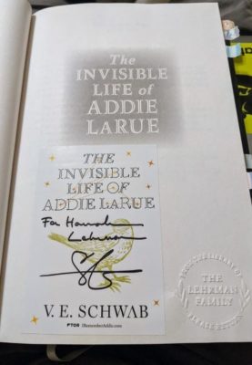 Title page of The Invisible Life of Addie LaRue. There is a bookplate signed by the author on the page.
