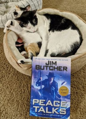 A cat and kitten curled up sleeping with a copy of the book Peace Talks by Jim Butcher in the foreground
