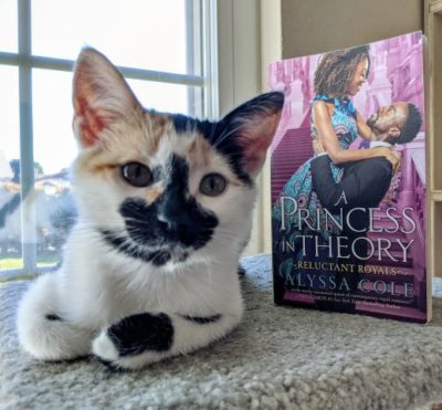A calico kitten lying down next to the book A Princess in Theory.