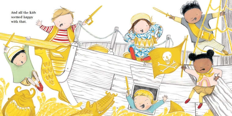 Illustration from book, featuring six children all pretending to be pirates