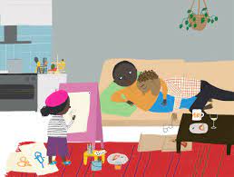 Illustration of three Black characters - two parents and a smaller child. The adults are lounging on a couch, one seems to be asleep atop the other, who is looking at the child. We see the back of the child, wearing a beret and standing in front of a pink easel and paints. 
