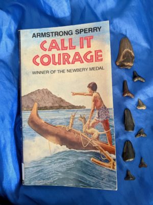 The book Call It Courage by Armstrong Sperry is on a blue cloth with fossilized shark teeth next to it