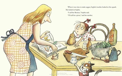 Illustration of a mother and child, staring at each other in a kitchen