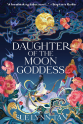 Illustration of Night Sky, asian female below a golden moon, surrounded by flowers & swirls