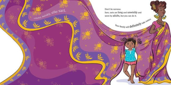 Illustration of Indian girl & mother, mother's sari billowing behind the young girl. it's purple, gold & pink