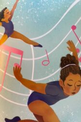 Illustration of young African American girl dancing in a purple leotard, surrounded by large music notes