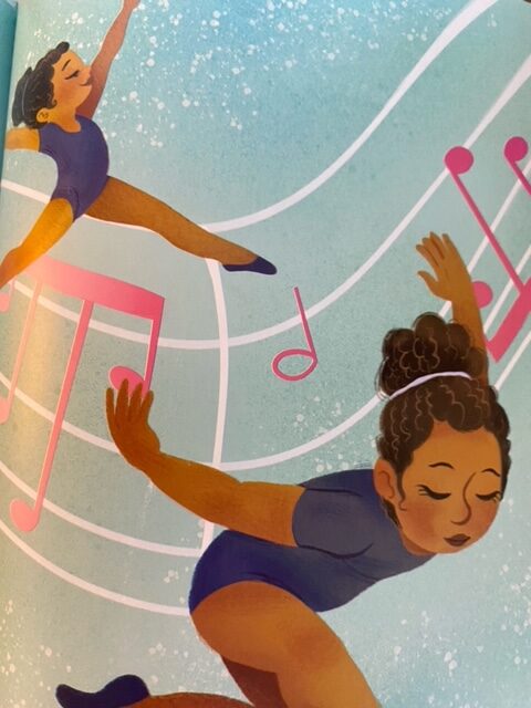 Illustration of young African American girl dancing in a purple leotard, surrounded by large music notes
