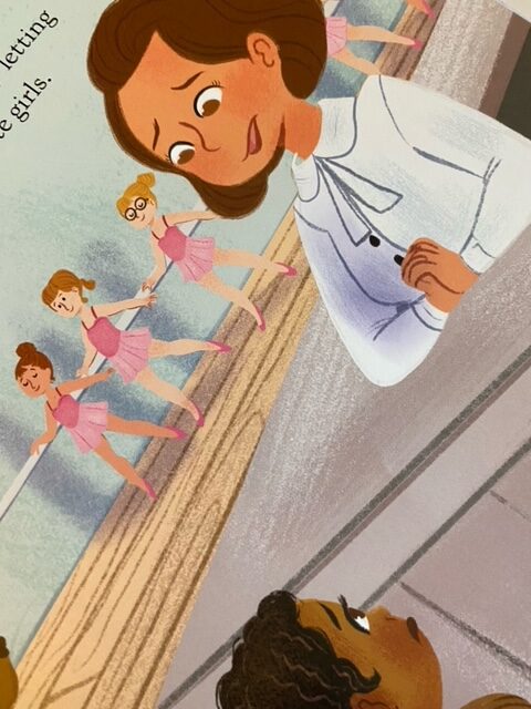 Illustration of white woman looking chagrined, black girl looking sad. three young white ballerinas in background