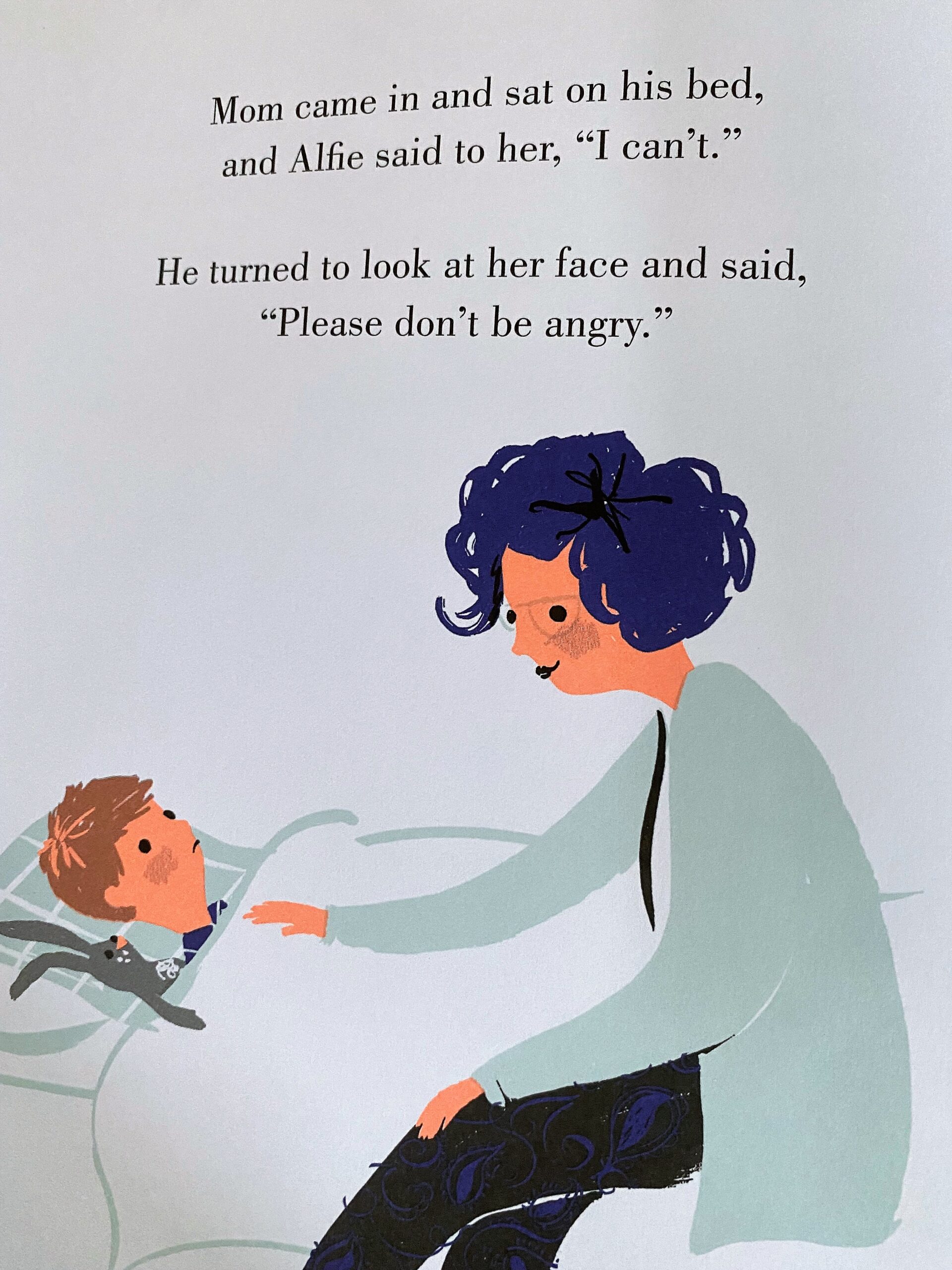 Illustration of boy in bed w/stuffed animal, mother sitting on bed looking at him. text below