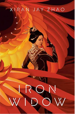 Cover art for Iron Widow by Xiran Jay Zhao. A chinese woman with an elaborate hairdo poses with one arm up, showing off her armor, over a background of fantasy wings.