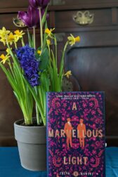 The book "A Marvellous Light" by Freya Marske standing next to a pot of daffodils, hyacinths, and tulips.