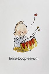 Illustration of a white child, holding a drum, blowing kisses