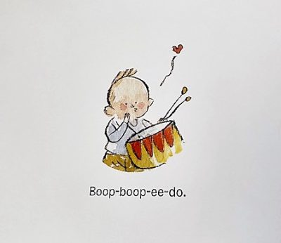 Illustration of a white child, holding a drum, blowing kisses