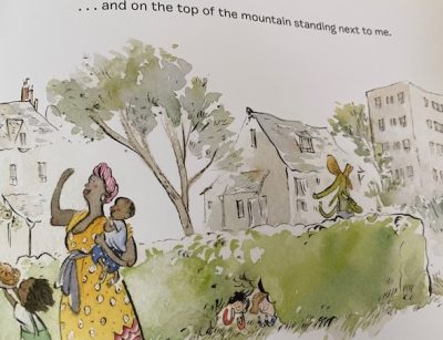 Illustration of a black woman holding a child, two small children under a hedge, and an alligator standing up, wearing a hat