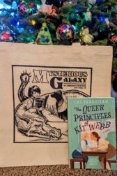 The book, "The Queer Principles of Kit Webb" by Cat Sebastian standing in front of a canvas tote bag for the bookstore, Mysterious Galaxy. In the background is a decorated Christmas tree.