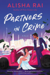 Partners in Crime cover shows a woman in a fancy dress getting out of a sports car while a man wearing a tux holds the door open for her.