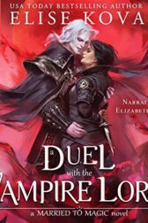 A Vampire Male with white hair embraces a woman with short dark hair while she holds a dagger behind her back.