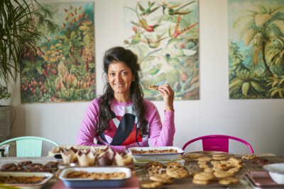 check with table full of food