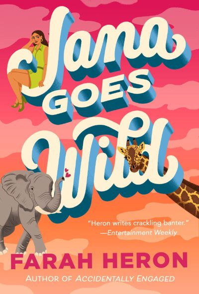 The title, Jana Goes Wild, dominates the cover in large print against a pink and orange sky, like the sky at dawn. Jana, a Canadian Indian woman, sits in the J wearing a green shirt dress (maybe it’s a romper), green high heels and hoop earrings. Below her an elephant blows pink hearts out its trunk, and a giraffe sticks it head through the loop in the d at the end of wild. 