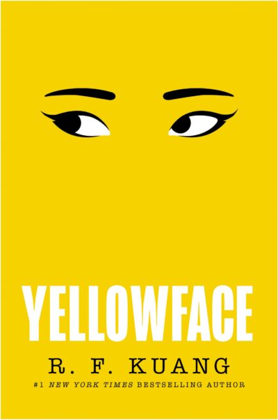 On a solid yellow background, a pair of racially ambiguous eyes and eyebrows float above the title Yellowface in all caps.