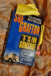 Paperback of G is for Gumshoe on an orange scarf, blue cover showing a VW car, with orange text