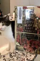 cat in the sink with the book City of Last Chances on the edge