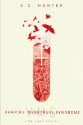 Book cover for Vampire Menstrual Syndrome. A red tampon with a pentacle, rabbits, and upside down cross inside, with red birds flying out the top.