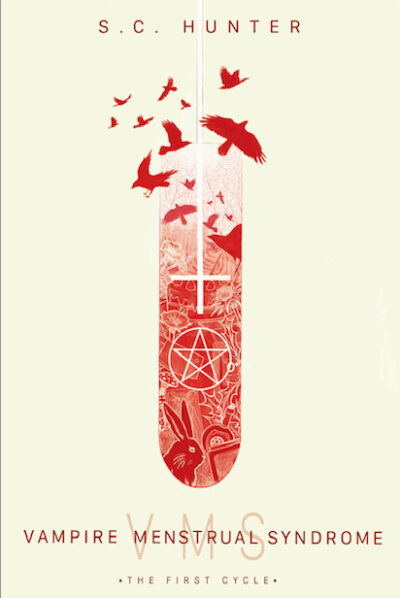Book cover for Vampire Menstrual Syndrome. A red tampon with a pentacle, rabbits, and upside down cross inside, with red birds flying out the top. 
