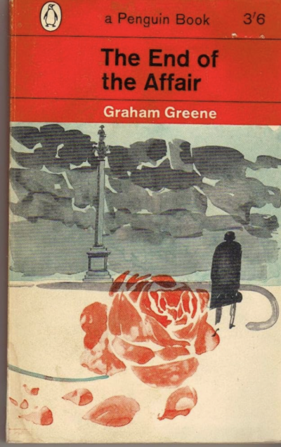 Original paperback cover of The End of the Affair. Grey cityscape with war memorial, red rose, shadowy figure, orange Penguin branding.