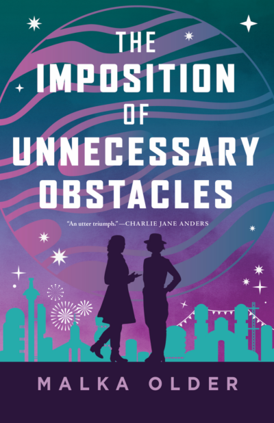 Cover of The Imposition of Unnecessary Obstacles by Malka Older. Outline of Pleiti and Moses standing against something like a cityscape with the gas giant Jupiter in the background.