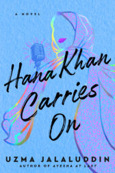 The outline of a woman in a hijab, speaking into a microphone