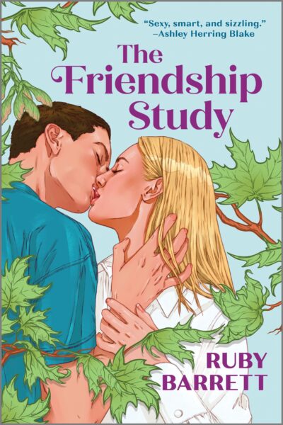 Cover of Ruby Barrett's The Friendship Study. A white couple are kissing surrounded by branches from a tree. 