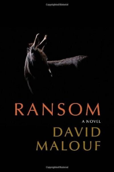 A photograph of a donkey, partially in silhouette, against a black background, with the title "Ransom" in orange underneath, and the name David Malouf in tan below that.
