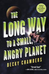Title text, with a spaceship approaching a planet