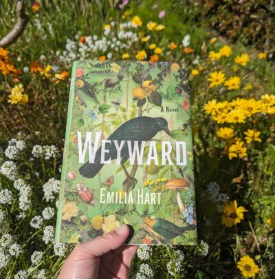 The book, "Weyward", by Emilia Hart held in front of blooming California wildflowers.
