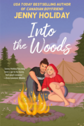 Cover of Jenny Holiday’s Into the Woods. A white man with a man bun and a white woman with a pink tipped blonde bob sit snuggled together on a rug, in front of a two person tent. A campfire blazes in front of them.