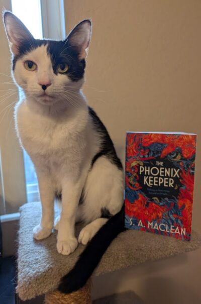 A white and black cat sitting up next to the book, "The Phoenix Keeper" by S. A. MacLean.