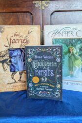 The book, "Emily Wilde's Encyclopedia of Faeries" by Heather Fawcett is standing in front of two books with fairies on their covers.