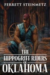 A muscular man in a sleeveless denim shirt & baseball cap crouches next to a cage with a baby dragon inside