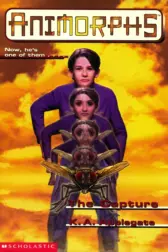 A tween white boy wearing a purple shirt and black pants transforms into a house fly against a yellow sky.