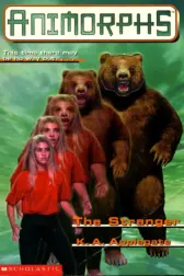 A blond white teen girl wearing a red t-shirt and black pants transforms into a grizzly bear.