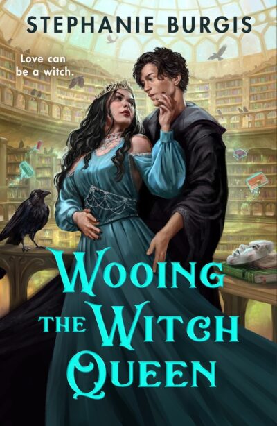 Cover of Wooing the Witch Queen by Stephanie Burgis. A white woman wearing a dress and a crown stands with her back to a white man in a black cape. She is half turned towards him and has her hand on his face. They are in a well lit library. There is a crow next to them.