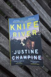 Cover of Knife River by Justine Champion with a small house with lights on in the windows and darkening purple sky