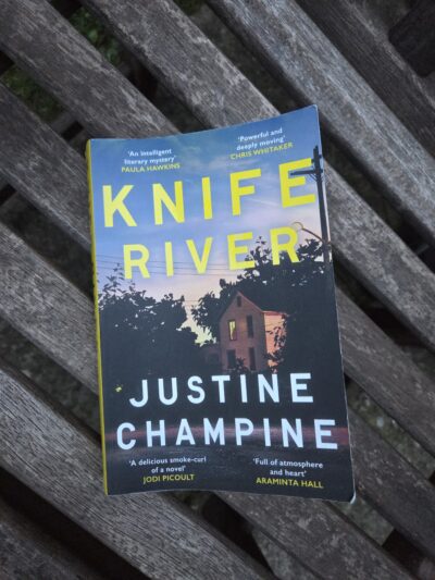 Cover of Knife River by Justine Champion with a small house with lights on in the windows and darkening purple sky
