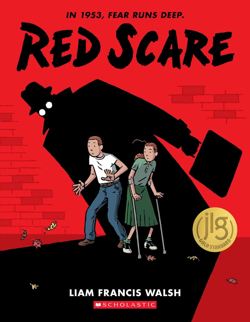 cover of the children's graphic novel Red Scare, depicting two white children, one on crutches, cowering in the shadow of a mysterious man carrying a briefcase.